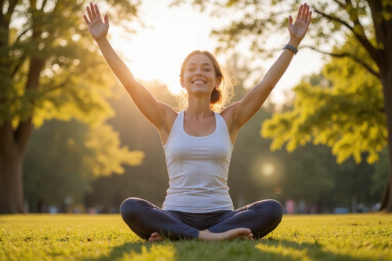 Szczęśliwa kobieta ćwicząca jogę na świeżym powietrzu