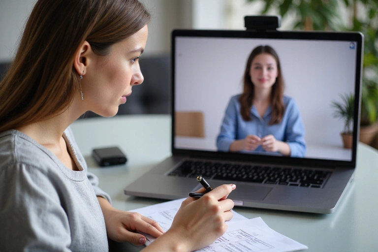 Kobieta notująca podczas wideorozmowy w tle, symbolizująca wsparcie i planowanie.