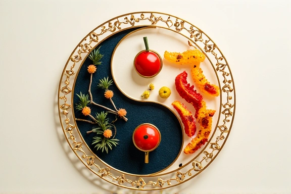 Elegancki obraz przedstawiający symbole Yin-Yang lub inne symbole Tradycyjnej Medycyny Chińskiej, zintegrowane z elementami jedzenia, takimi jak przyprawy lub świeże warzywa. Brak tekstu.