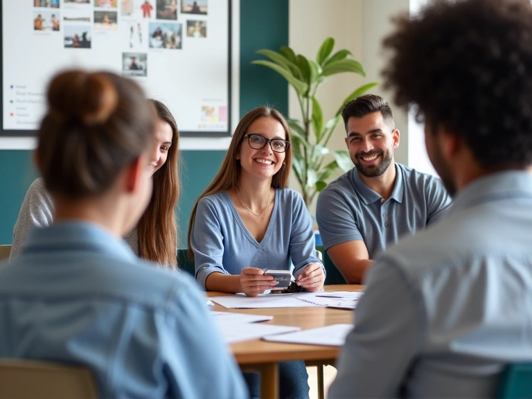 Grupa ludzi uczestnicząca w interaktywnym warsztacie online, z wykładowcą na ekranie i uczestnikami notującymi, w tle elementy natury.